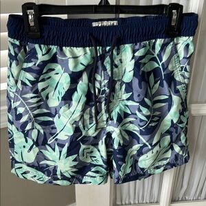 American Eagle Outfitters Leaf Print Swim Trunks - Blue and Green Men’s XS